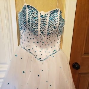 White with blue sequins cocktail dress